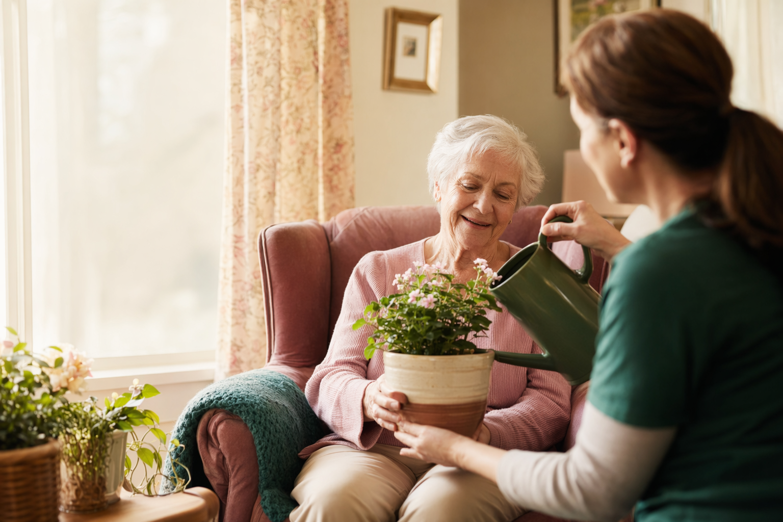 A caregiver and an older adult at home